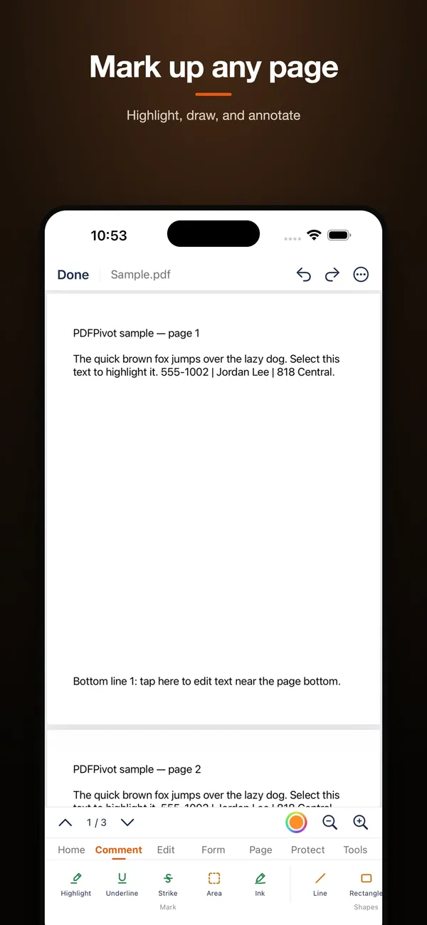 PDFPivot annotation and markup tools on iPhone