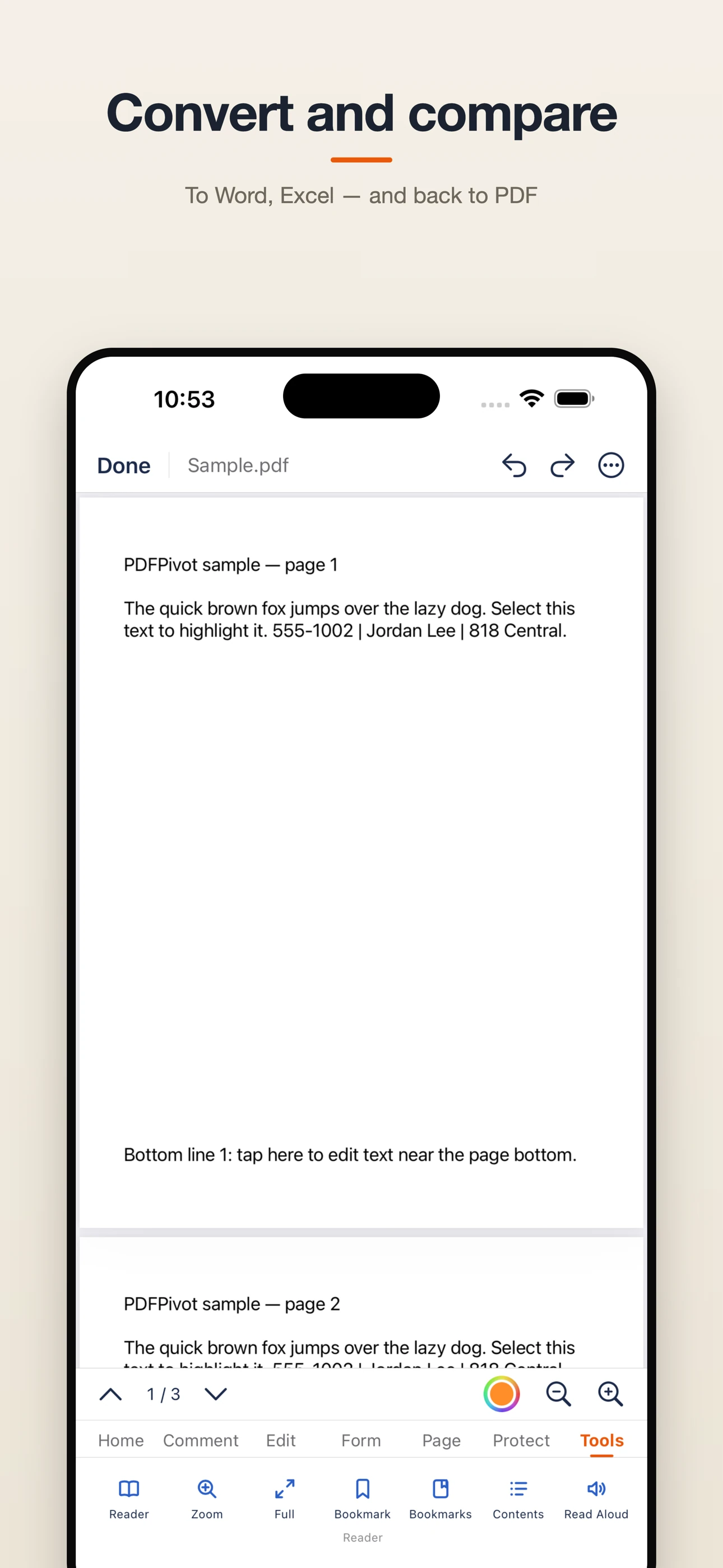 PDFPivot document conversion and comparison tools on iPhone